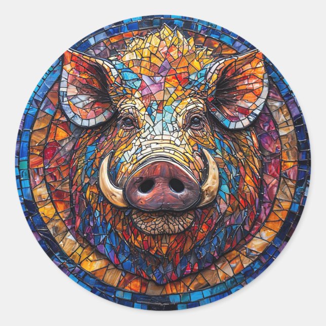 Boar Mosaic with Unique Geometric Artwork Classic Round Sticker (Front)