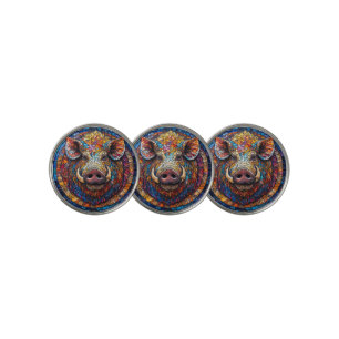 Boar Mosaic with Unique Geometric Artwork Golf Ball Marker