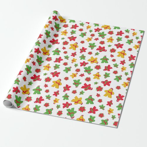 Board Game Meeple and Poinsettia Christmas Pattern Wrapping Paper
