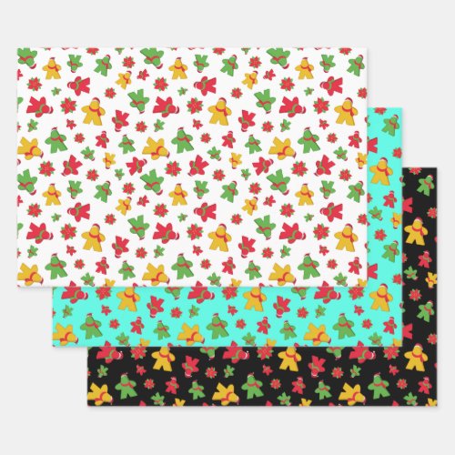 Board Game Meeple and Poinsettia Christmas Pattern Wrapping Paper Sheets