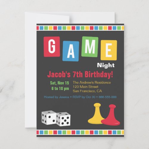 Board Game Night Kids Birthday Party Invitations