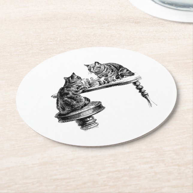 Board Games: Two Cats playing a Chess Match Round Paper Coaster (Angled)