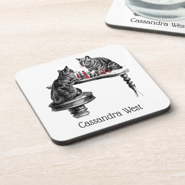 Board Games Two Cats playing Chess Match Red Beverage Coaster (Left Side)