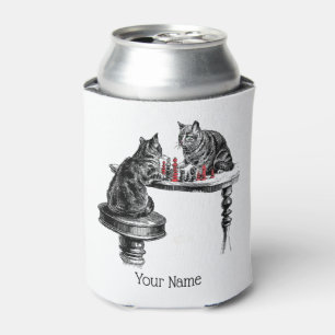 Board Games Two Cats playing Chess Match Red Can Cooler