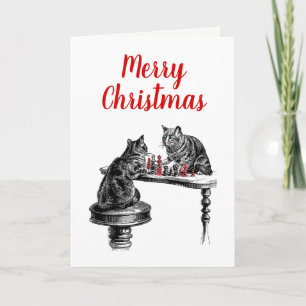 Board Games Two Cats playing Chess Match Red Holiday Card