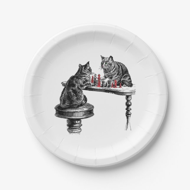 Board Games Two Cats playing Chess Match Red Paper Plates (Front)