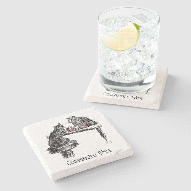 Board Games Two Cats playing Chess Match Red Stone Coaster (Side)