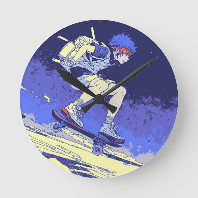 Boarding in Space - Skateboarder Design Round Clock (Front)
