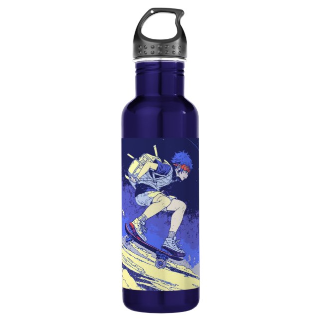 Boarding in Space - Skateboarder Design Stainless Steel Water Bottle (Front)