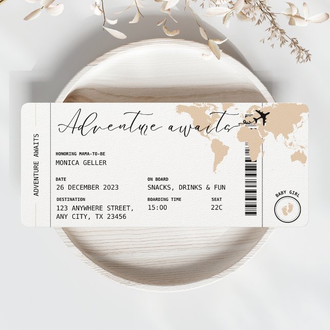 Boarding pass Adventure Awaits Beige Baby shower Invitation (adventure awaits boarding pass baby shower)