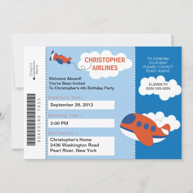 Boarding Pass Airplane  Birthday Party Invitation (Front)