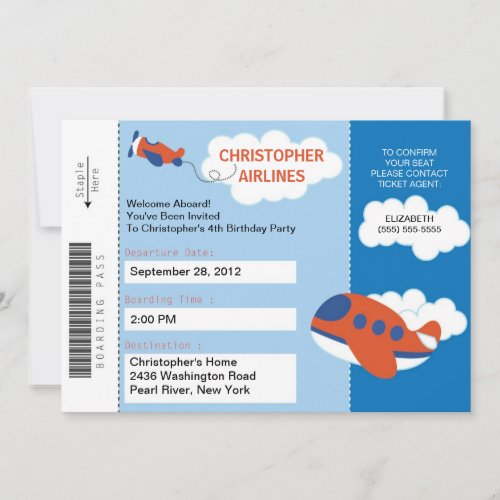Boarding Pass Airplane  Birthday Party Invitation