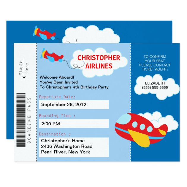 Airplane Birthday Invitation Airplane Ticket Party Invite Boy 