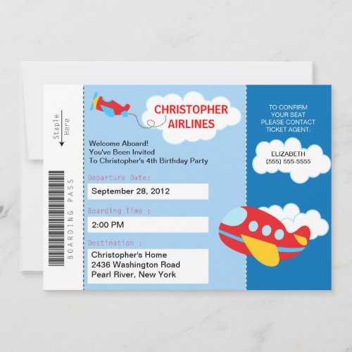 Boarding Pass Airplane  Birthday Party Invitation