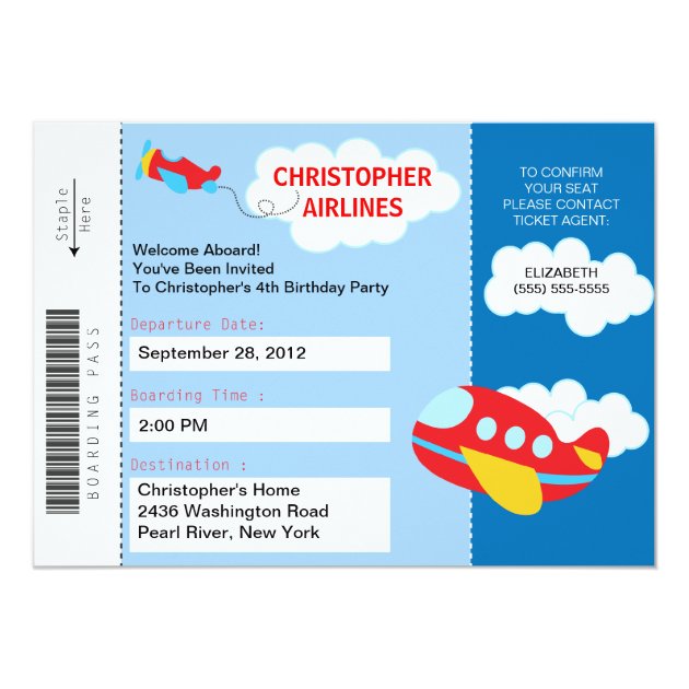 Boarding Pass Airplane  Birthday Party Invitation