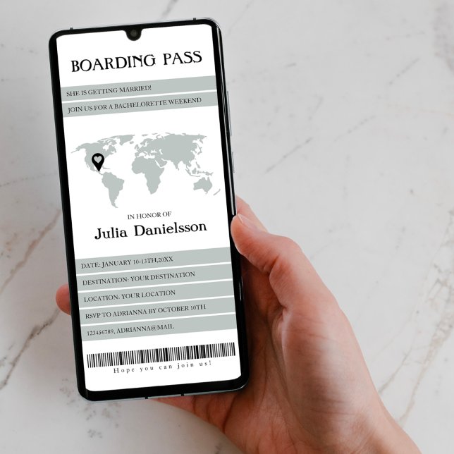Boarding Pass Bachelorette Weekend Destination Invitation (boarding pass destination bachelorette weekend itinerary sage unique world map)