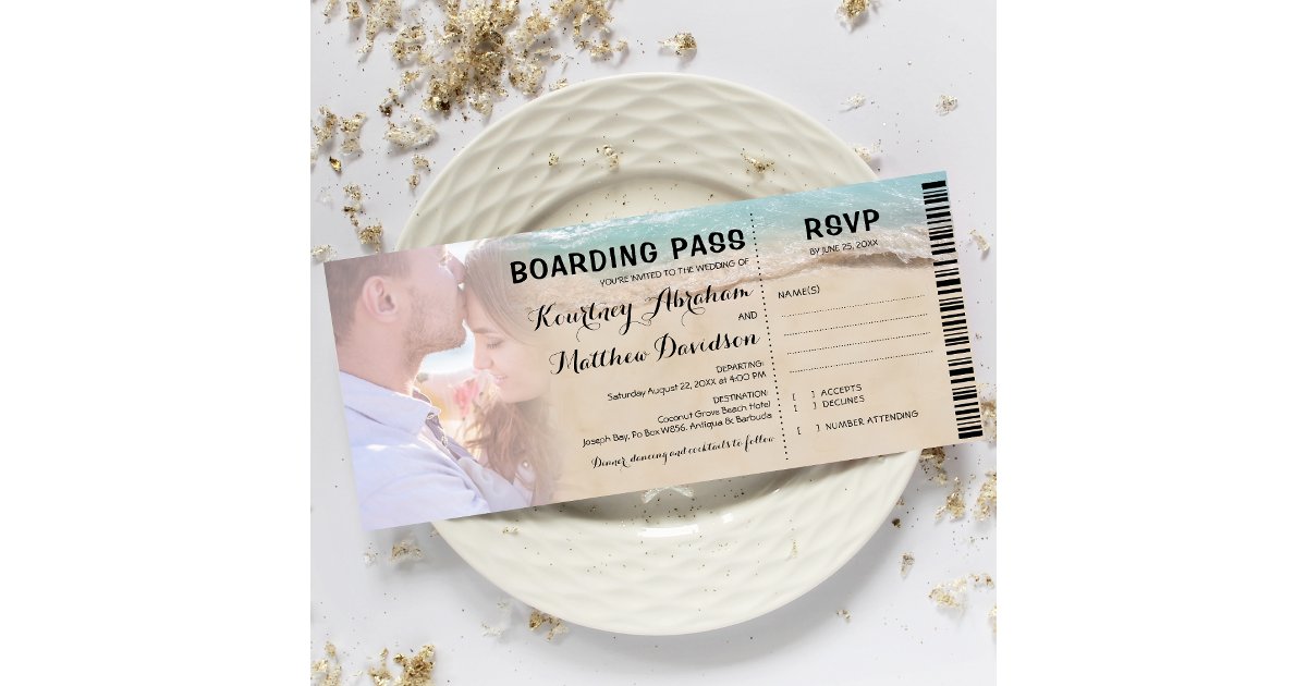 Boarding Pass Beach Photo RSVP & Wedding Invitation | Zazzle Boarding Pass Beach Photo RSVP & Wedding Invitation | Zazzle