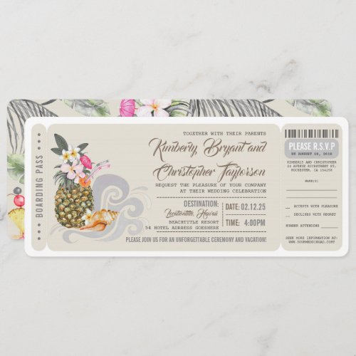 Boarding Pass  Beach Pineapple  Wedding Ticket Invitation