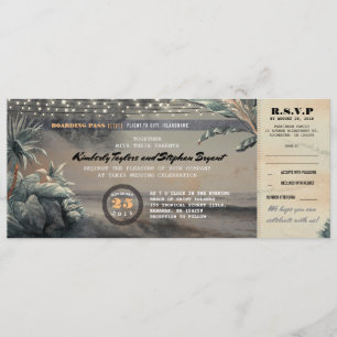 Boarding Pass Beach String Lights Wedding Ticket Invitation