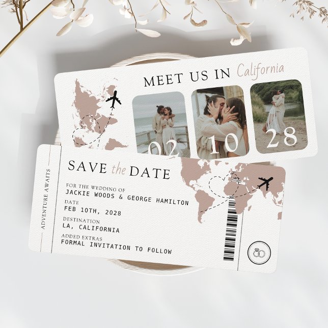 Boarding Pass Beige Neutral 3 Photos Wedding Save The Date (Save the Date Unique Boarding Pass with 3 Photos Perfect for Destination Wedding Passport Travel)