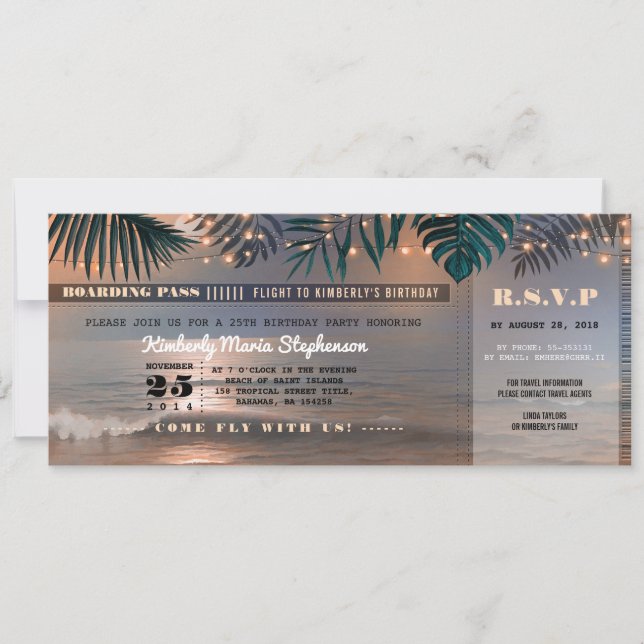 Boarding Pass Birthday Ticket | Beach Sunset Invitation (Front)
