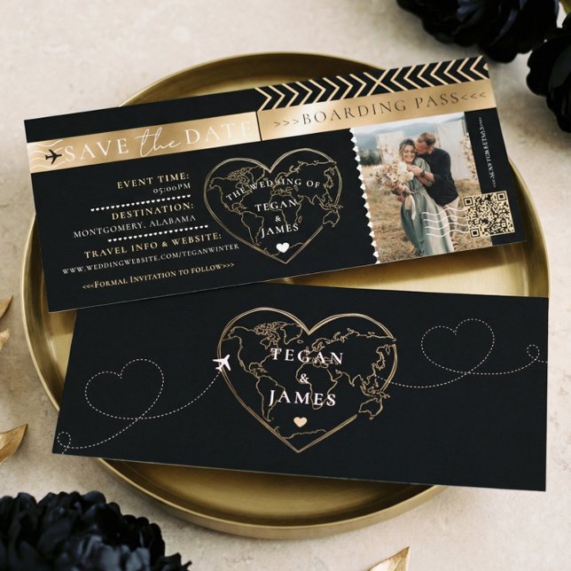 Boarding Pass Black Gold Wedding Save The Date Invitation (Boarding Pass Black Gold Wedding Save The Date Invitation)