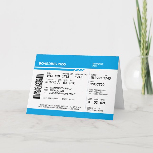 Boarding Pass (blue) Letterpress Thank You Card (Front)