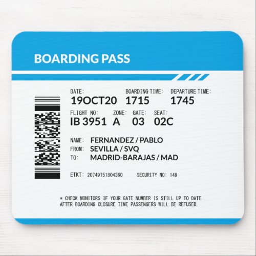 Boarding Pass blue Mouse Pad