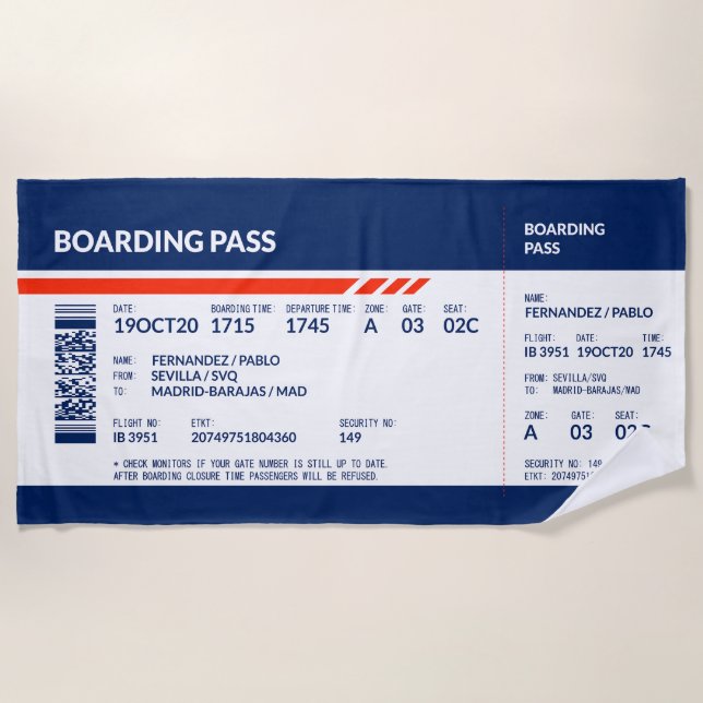 Boarding Pass - Blue & Red Beach Towel (Front)