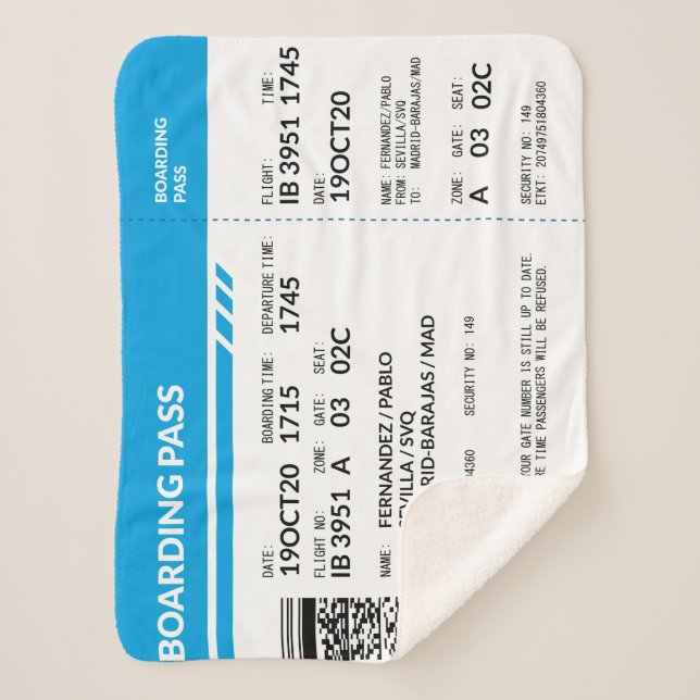 Boarding Pass (blue) Sherpa Blanket (Front)