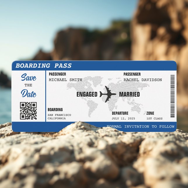 Boarding Pass Blue World Map Destination Wedding Save The Date (Boarding Pass Blue World Map Destination Wedding Save The Date
)