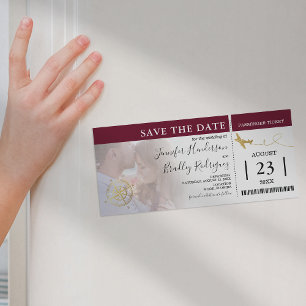 Boarding Pass Burgundy Save the Date Photo Magnetic Invitation