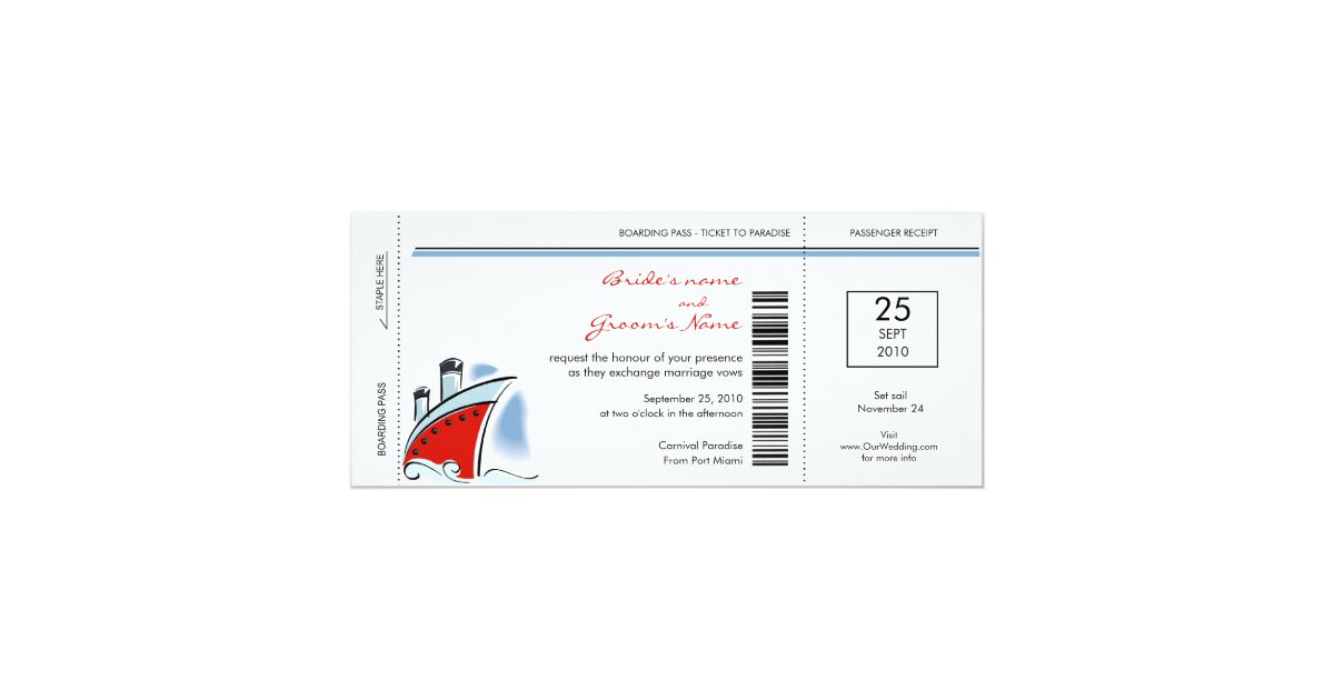 code pass confirmation boarding Invitations Cruise  Boarding Pass Wedding Zazzle.com