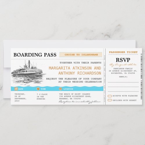 boarding pass cruise wedding invites with RSVP