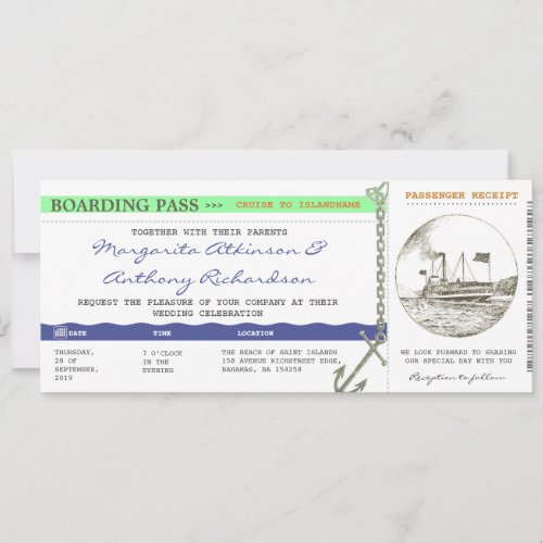 boarding pass cruise wedding _ navy  mint invitation