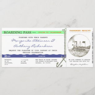 boarding pass cruise wedding - navy & mint invitation
