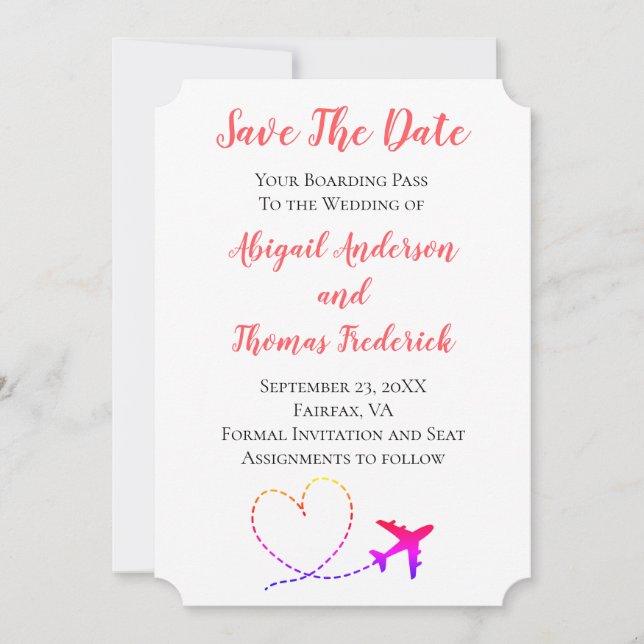 Boarding Pass Destination Airplane Heart Wedding Save The Date (Front)