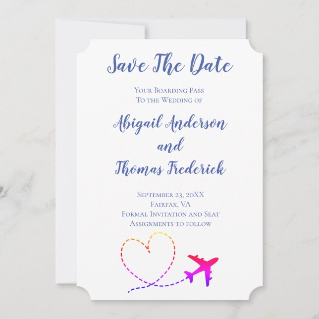 Boarding Pass Destination Airplane Heart Wedding   Save The Date (Front)