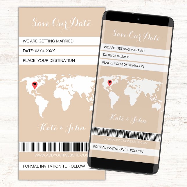 Boarding Pass Destination Beige White World Map Save The Date (Beige and white save our date boarding pass electronic, modern minimalist, earth tone)