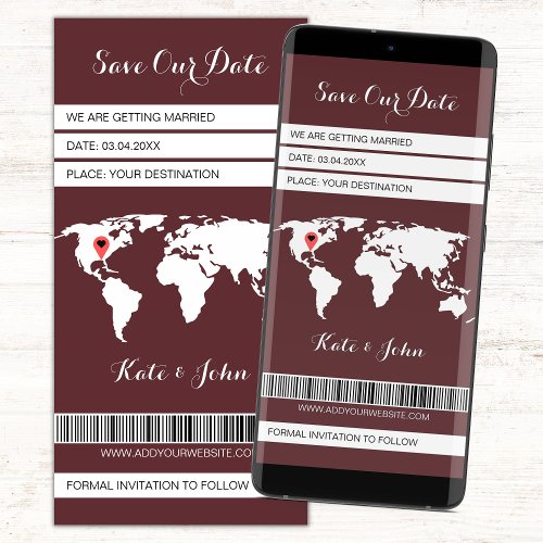 Boarding Pass Destination Burgundy White World Map Save The Date