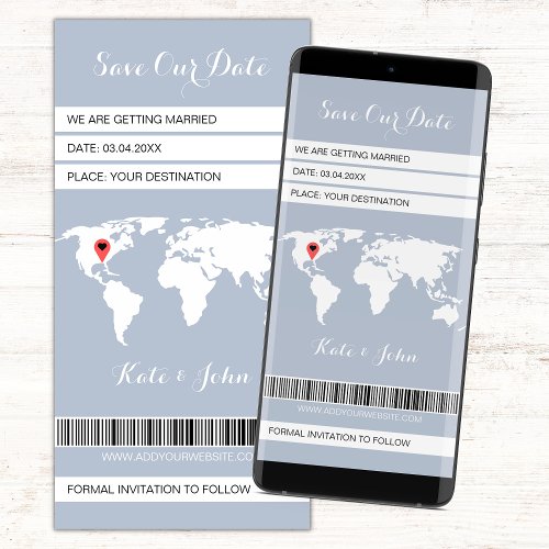 Boarding Pass Destination Dusty Blue World Map Save The Date