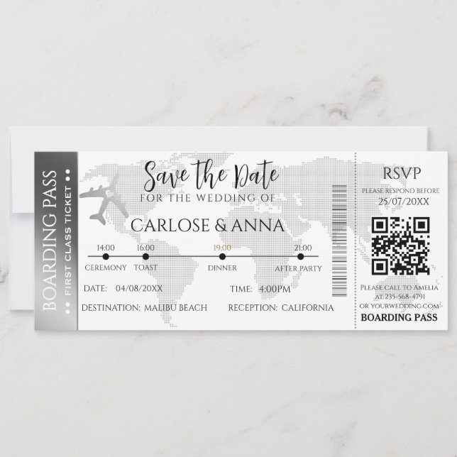Boarding Pass Destination Wedding QR code grey Invitation (Front)