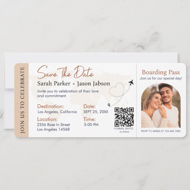 Boarding Pass Destination Wedding QR code Invitation (Front)