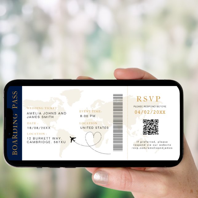 Boarding Pass Destination wedding QR code Rsvp Invitation (Front Digital)
