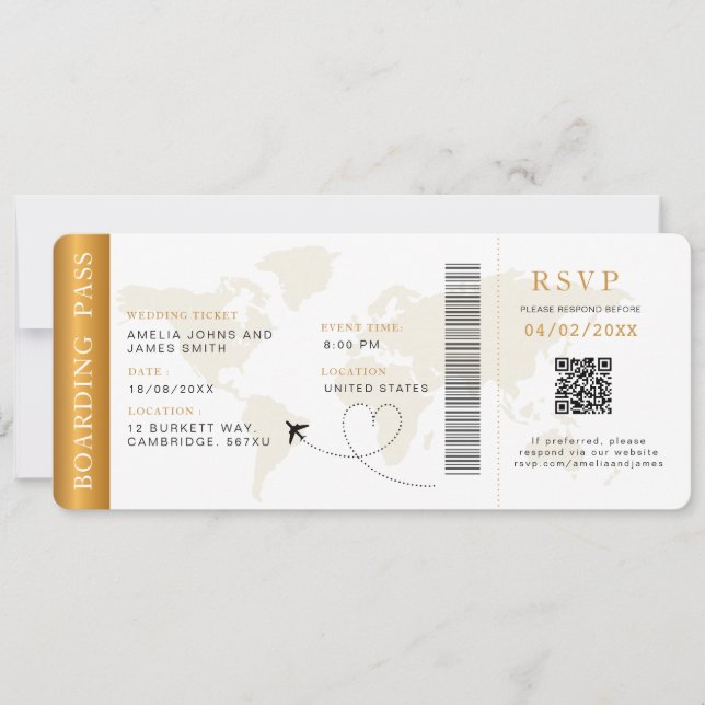 Boarding Pass Destination wedding QR code Rsvp Invitation (Front)