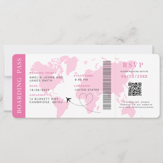 Boarding Pass Destination wedding QR code Rsvp Invitation (Front)