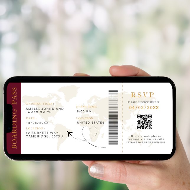 Boarding Pass Destination wedding QR code Rsvp Invitation (Front Digital)