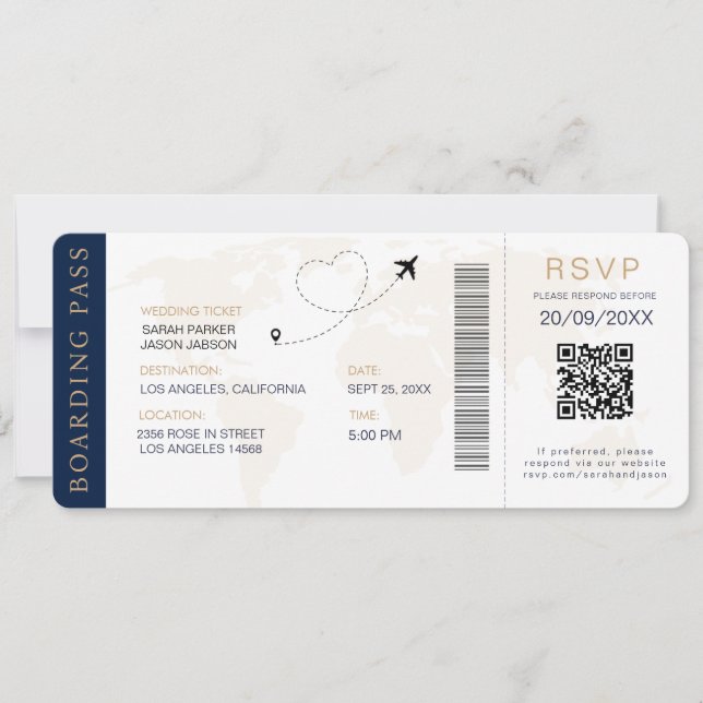 Boarding Pass Destination Wedding QR code Rsvp Invitation (Front)