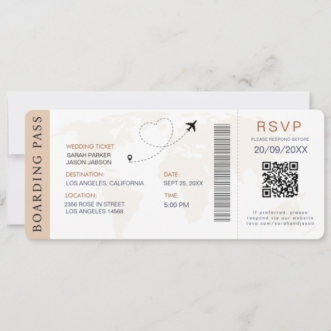 Boarding Pass Destination Wedding QR code Rsvp Invitation (Front)