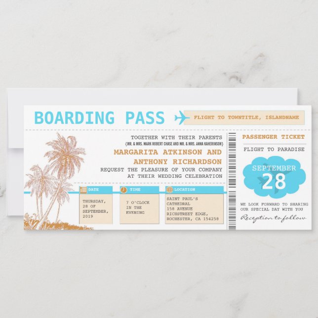 boarding pass destination wedding tickets invitation (Front)